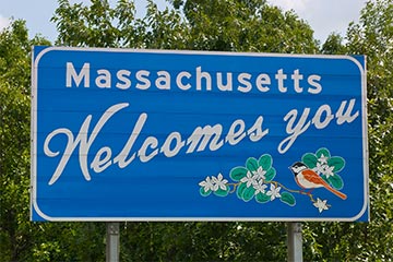 Blue Welcome to Massachusetts road sign